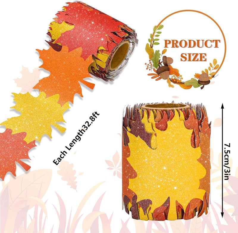Whaline 32.8Ft Fall Bulletin Board Border Glitter Orange Yellow Red Maple Leaf Die Cut Trim Border Roll for Autumn Thanksgiving Classroom Chalkboard Wall Decor - Image 2